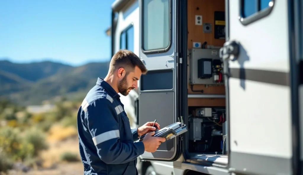 Professional mobile RV repair technician performing maintenance work on an RV exterior using specialized tools