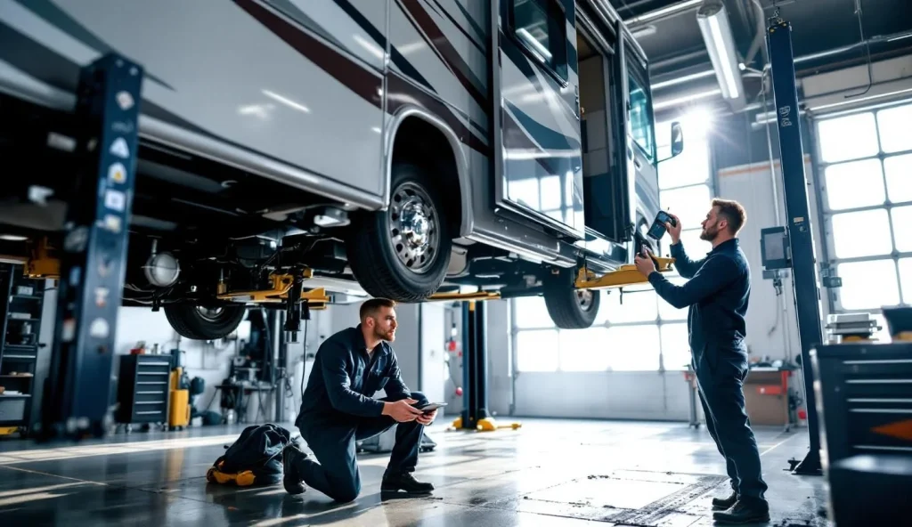 Professional mechanic inspecting an RV on hydraulic lift in a modern repair shop during inspection process