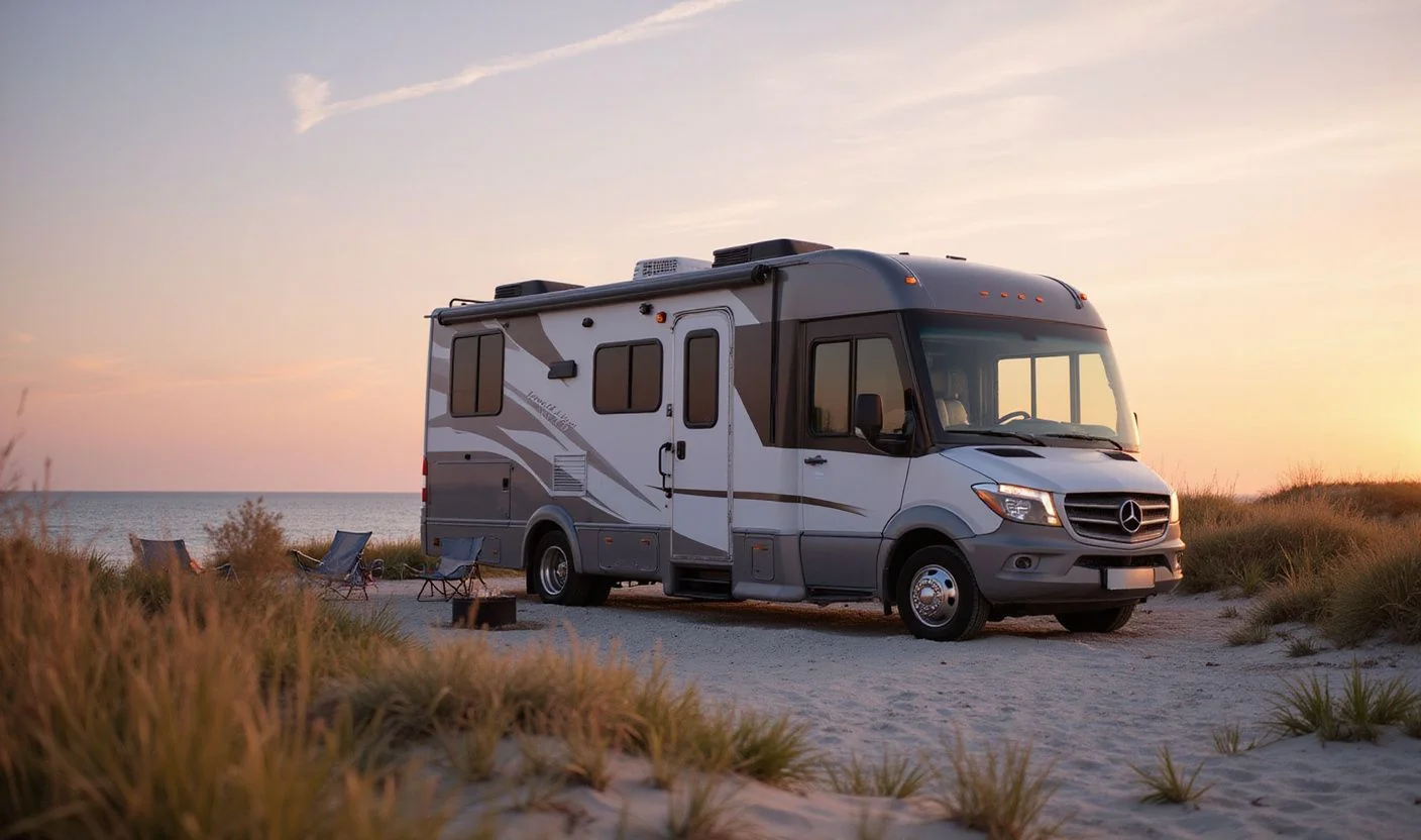 Modern RV at the beach at sunset