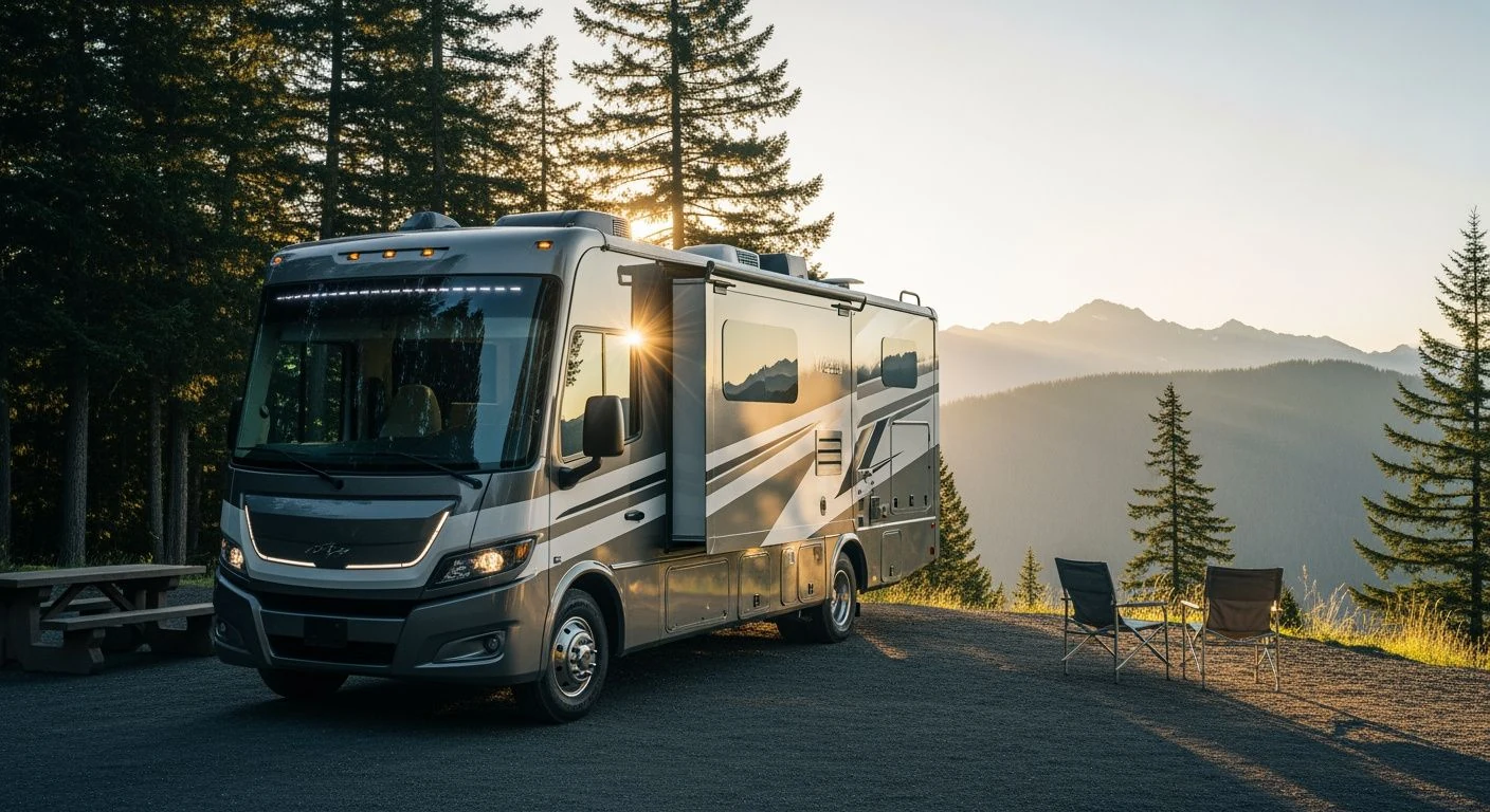 Modern Class C motorhome at golden hour overlook in Pacific Northwest evergreens